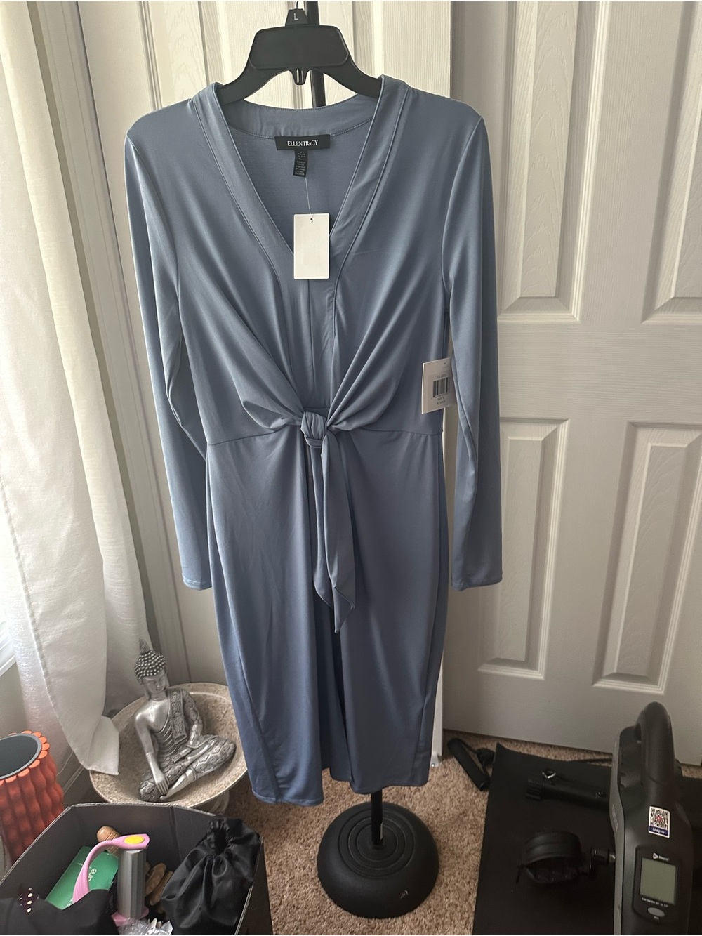 Ellen Tracy Dusty Blue Tie-Front Midi Dress